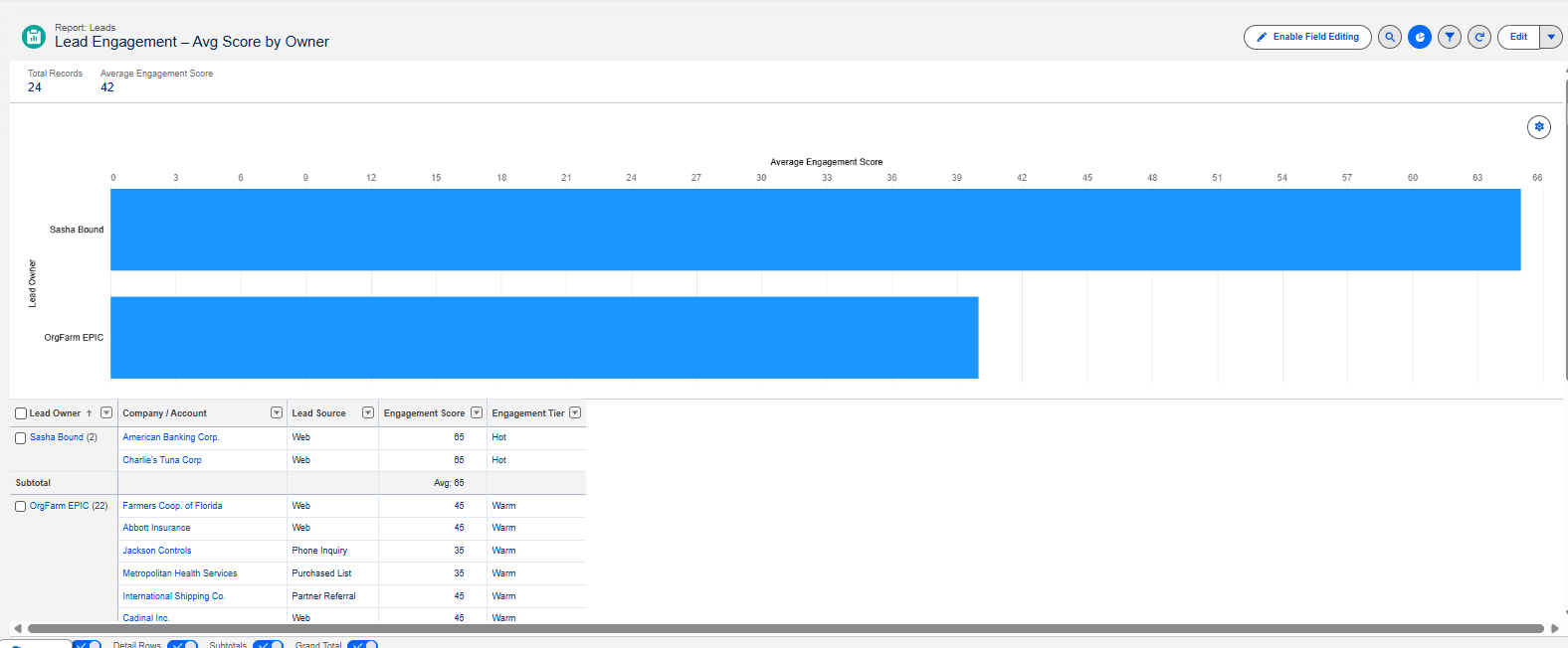 Lead report showing Engagement Score by owner